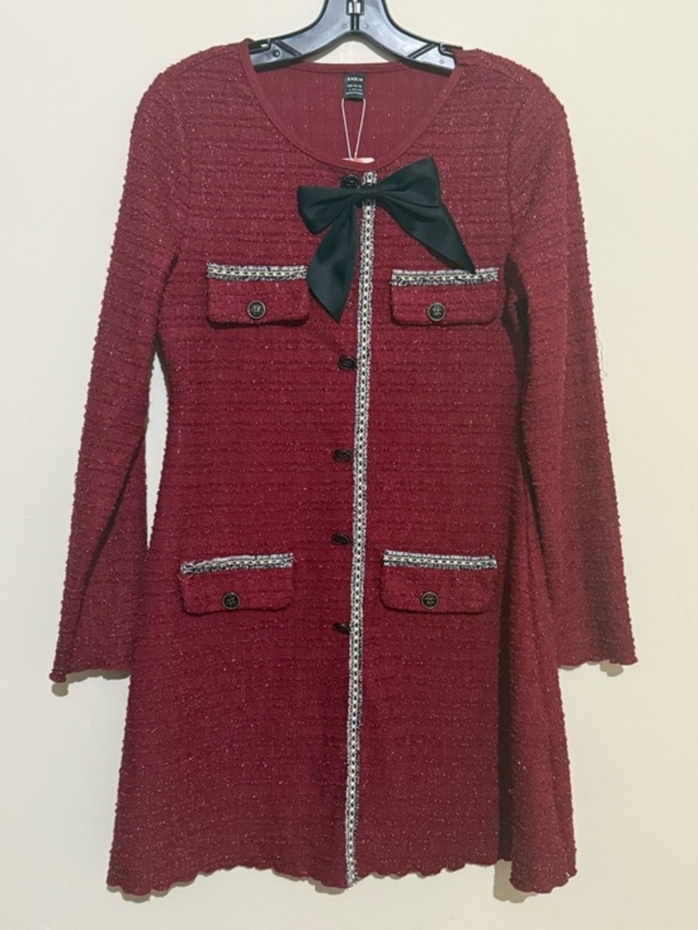 SHEIN Burgundy Tweed A-Line Dress with Black Bow